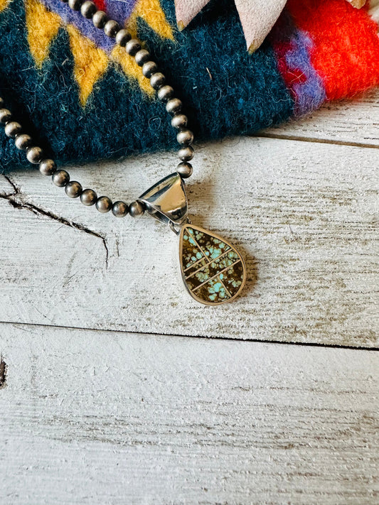 Handcrafted Number 8 Turquoise & Sterling Silver Teardrop Inlay Pendant