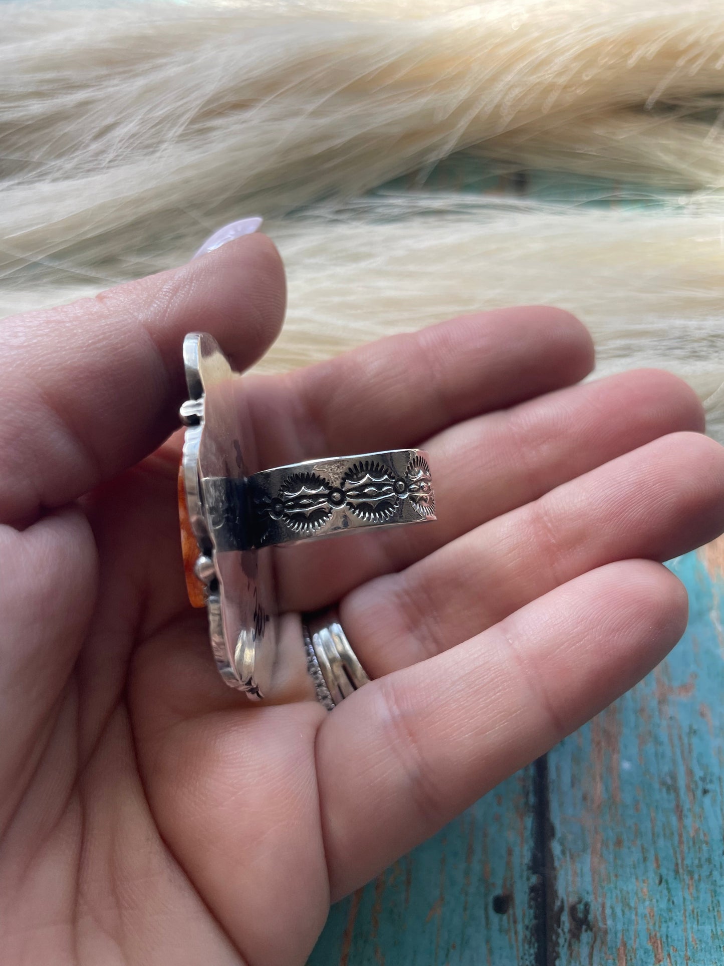 Kevin Billah Handcrafted Sterling & Orange Spiny Flower Ring Adjustable