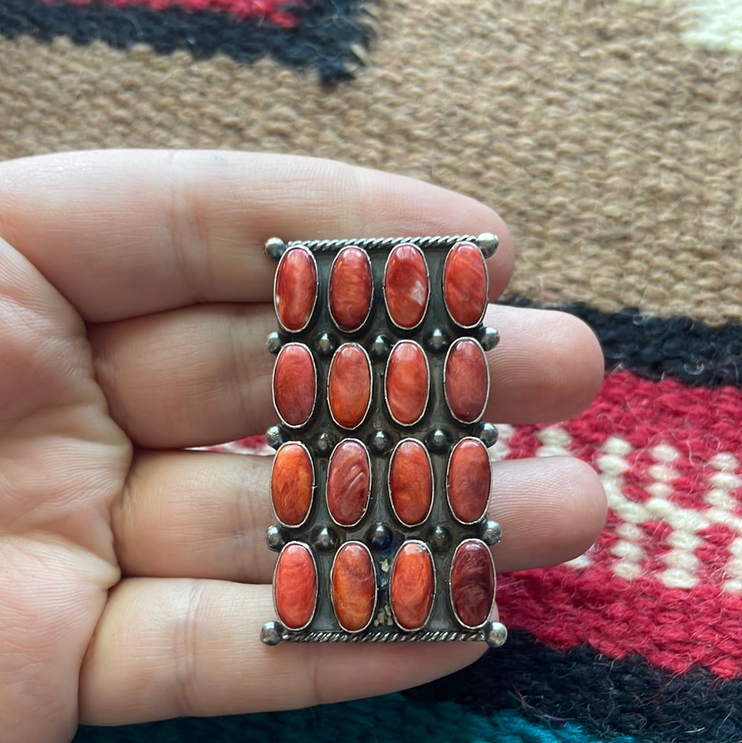 Navajo Sterling Silver & Red Spiny Cluster Ring Size 8.5 Signed Jacquline Silver