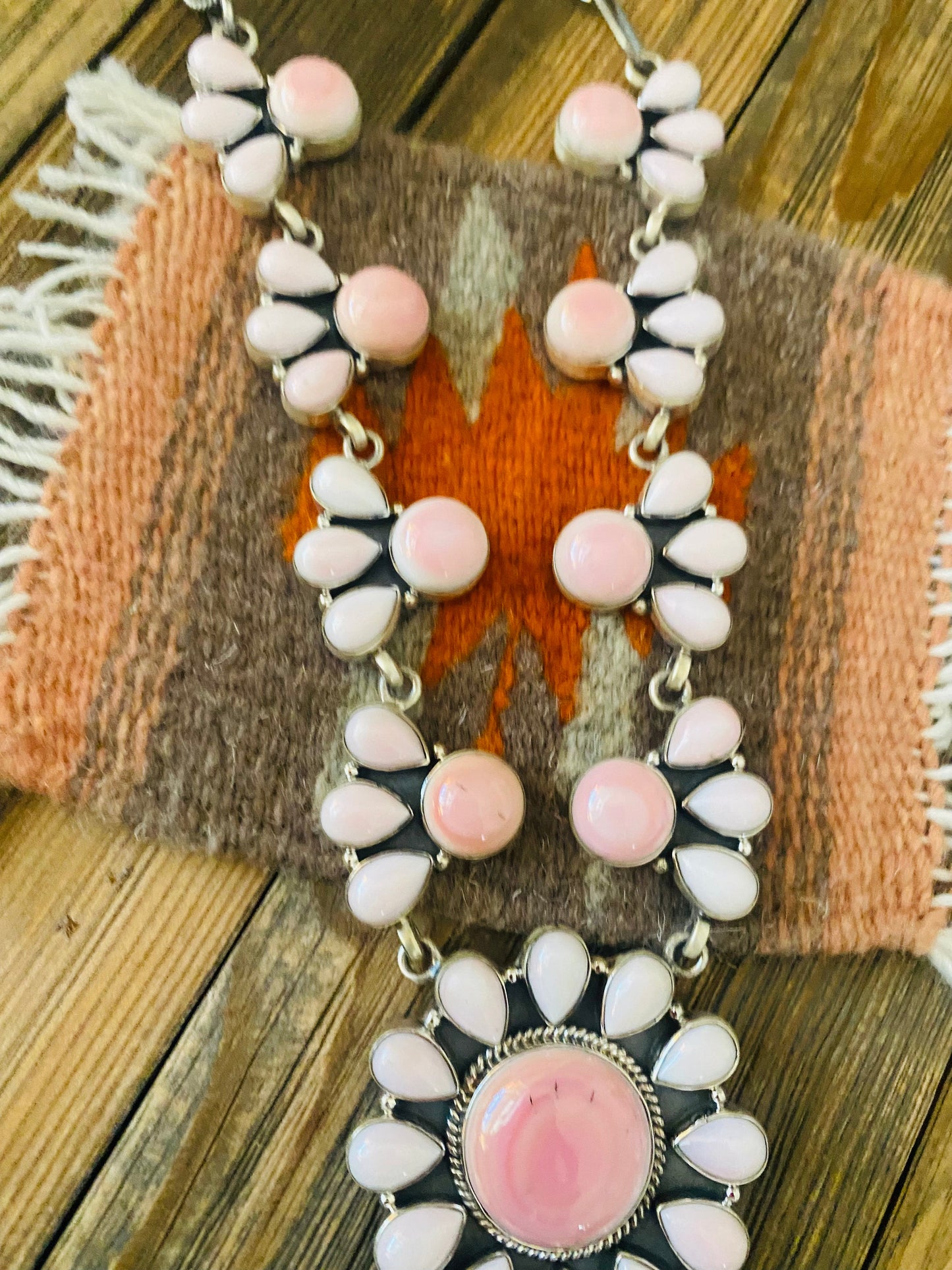 Handcrafted Queen Pink Conch Shell And Sterling Silver Cluster Necklace