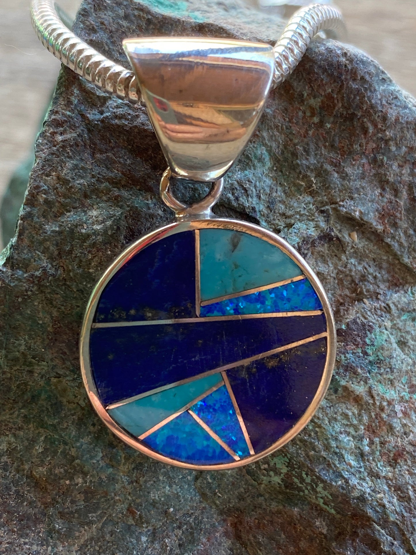 Navajo Lapis, Turquoise, Blue Opal Small Circle Pendant