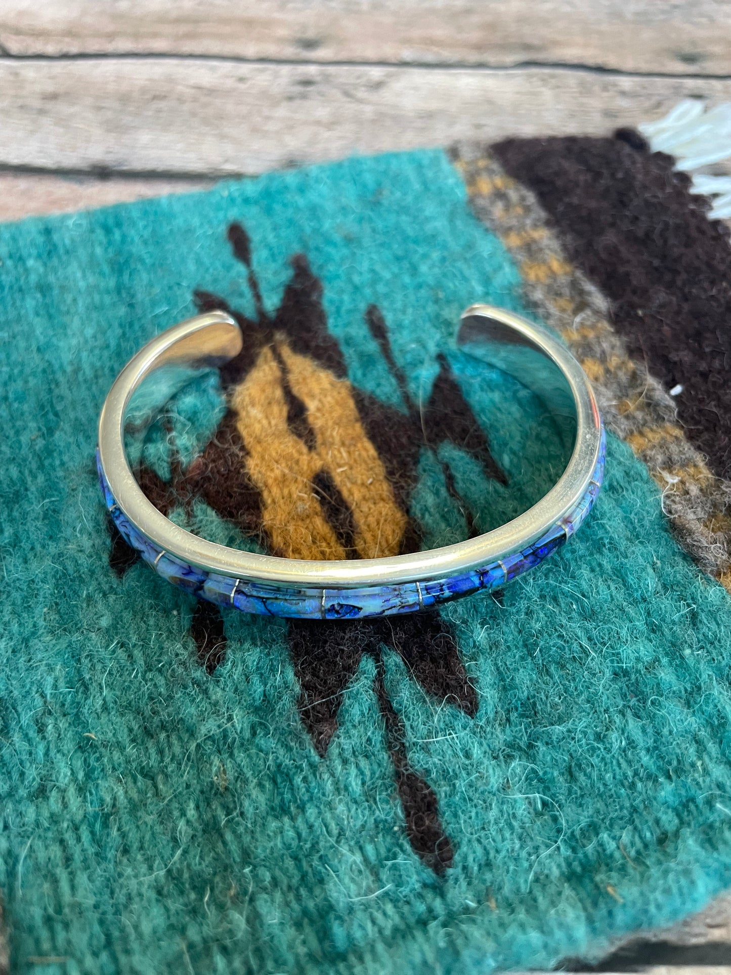 Handcrafted Handmade Sterling & Blue Opal Web Inlay Cuff Bracelet /