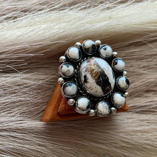 Handcrafted Sterling Silver & White Buffalo Adjustable Ring Signed