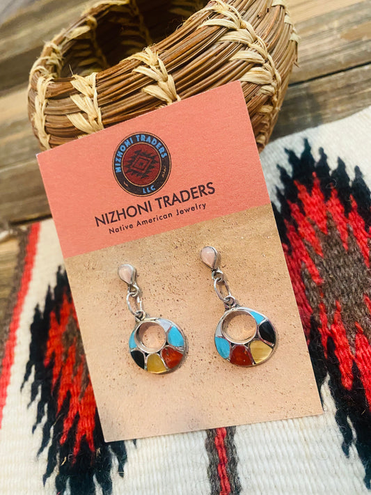 Handcrafted Sterling Silver & Multi Stone Inlay Dangle Earrings