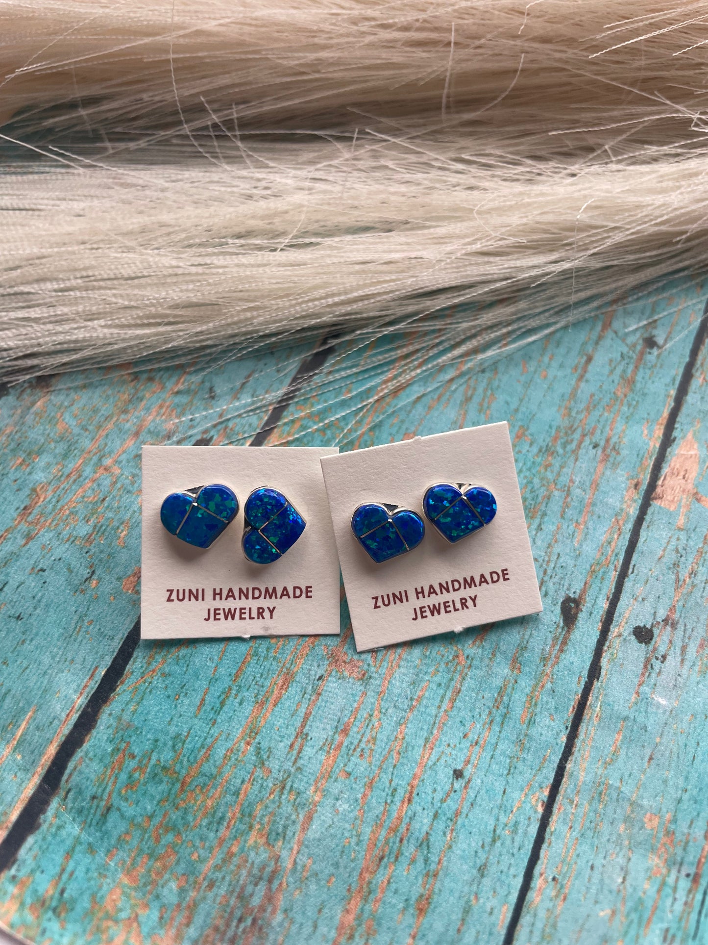 Handcrafted Sterling Silver & Blue Opal Inlay Heart Stud Earrings