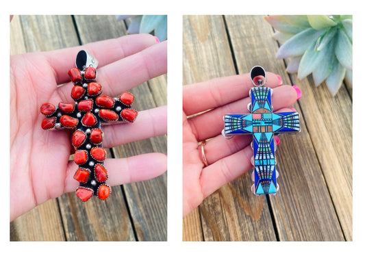 Handcrafted Multi Stone And Sterling Silver Two Sided Inlay Cross Pendant