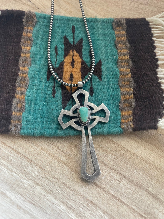 Handcrafted Sterling Silver & Turquoise Cross Pendant Signed Eugene Mitchell
