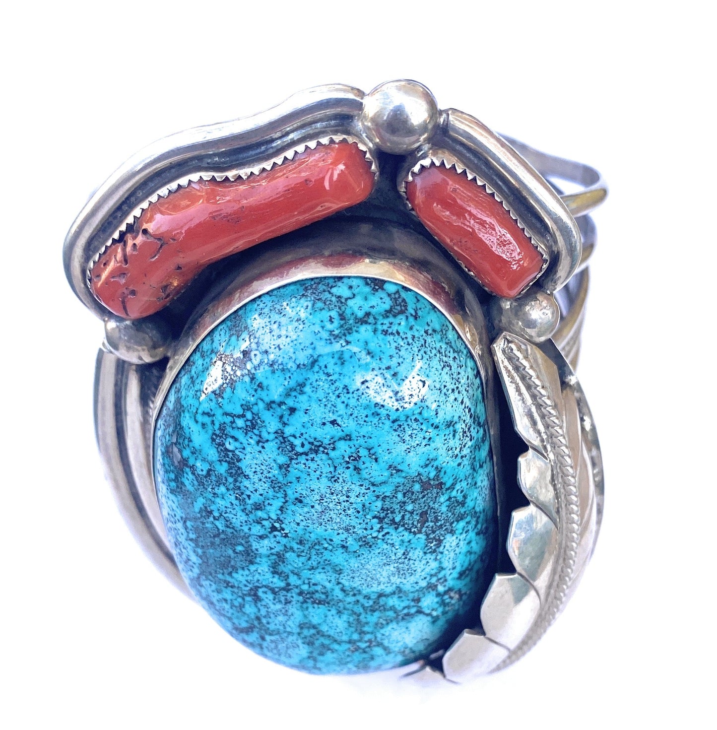 Incredible Navajo Handmade Bisbee Turquoise, Coral & Sterling Silver Jumbo Cuff Bracelet