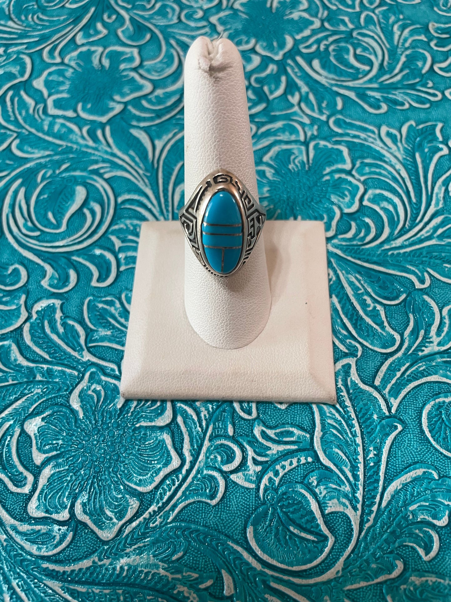 Old Pawn Navajo Sterling Silver & Turquoise Inlay Ring Size 8