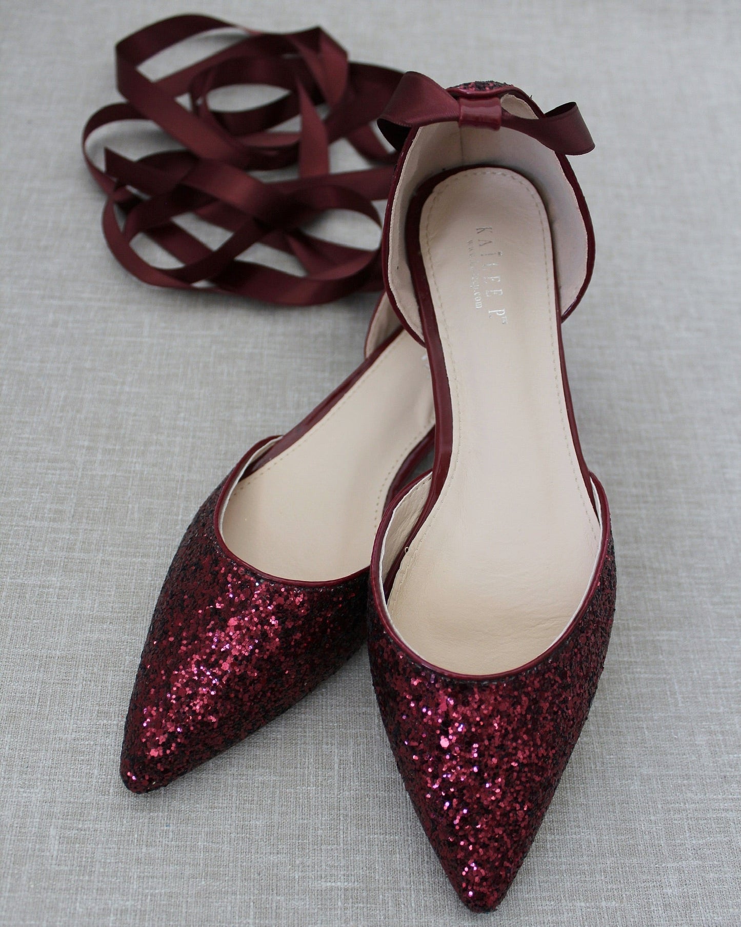 Rock Glitter Pointy Toe Flats with Satin Ankle Tie or Ballerina Lace Up