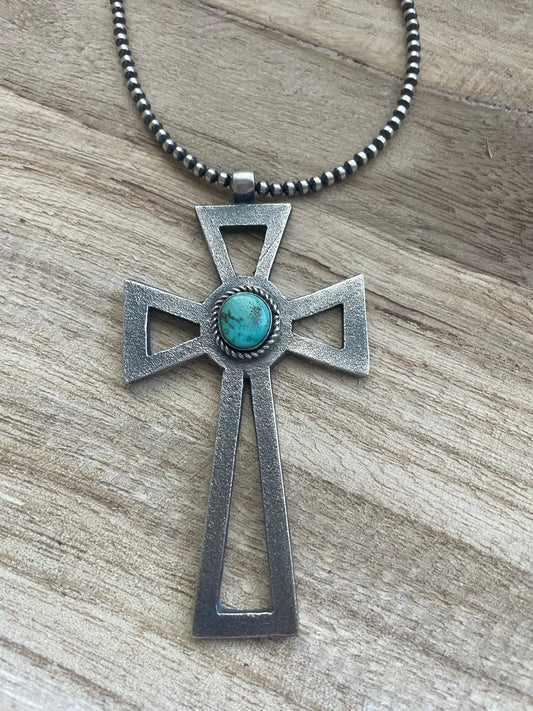 Handcrafted Sterling Silver & Turquoise Cross Pendant Signed Eugene Mitchell