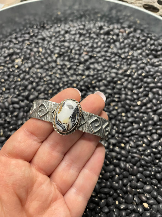 Handcrafted Golden Hills White Buffalo & Sterling Silver Tufa Cast Cuff Bracelet Signed