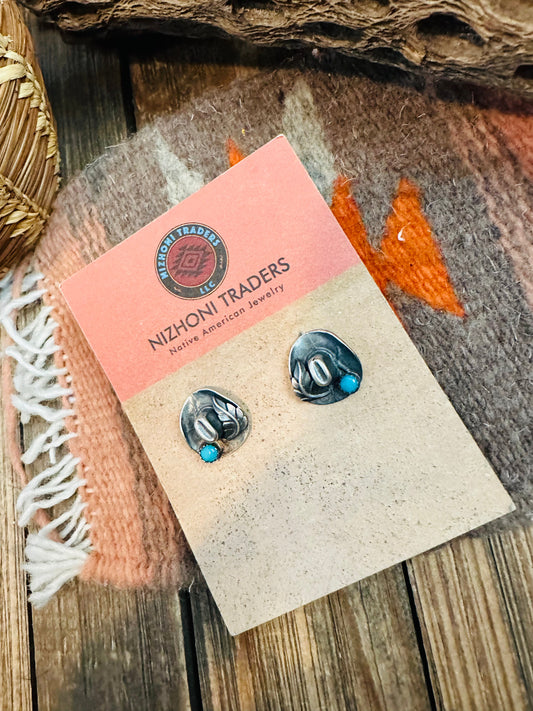 Handcrafted Mini Cowboy Hat Sterling Silver & Turquoise Stud Earrings