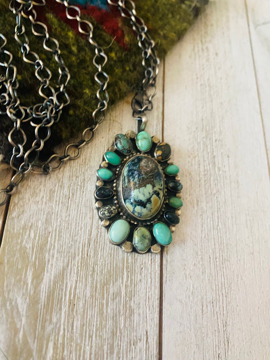 Handcrafted Sterling Silver & Tibetan Turquoise Cluster Necklace