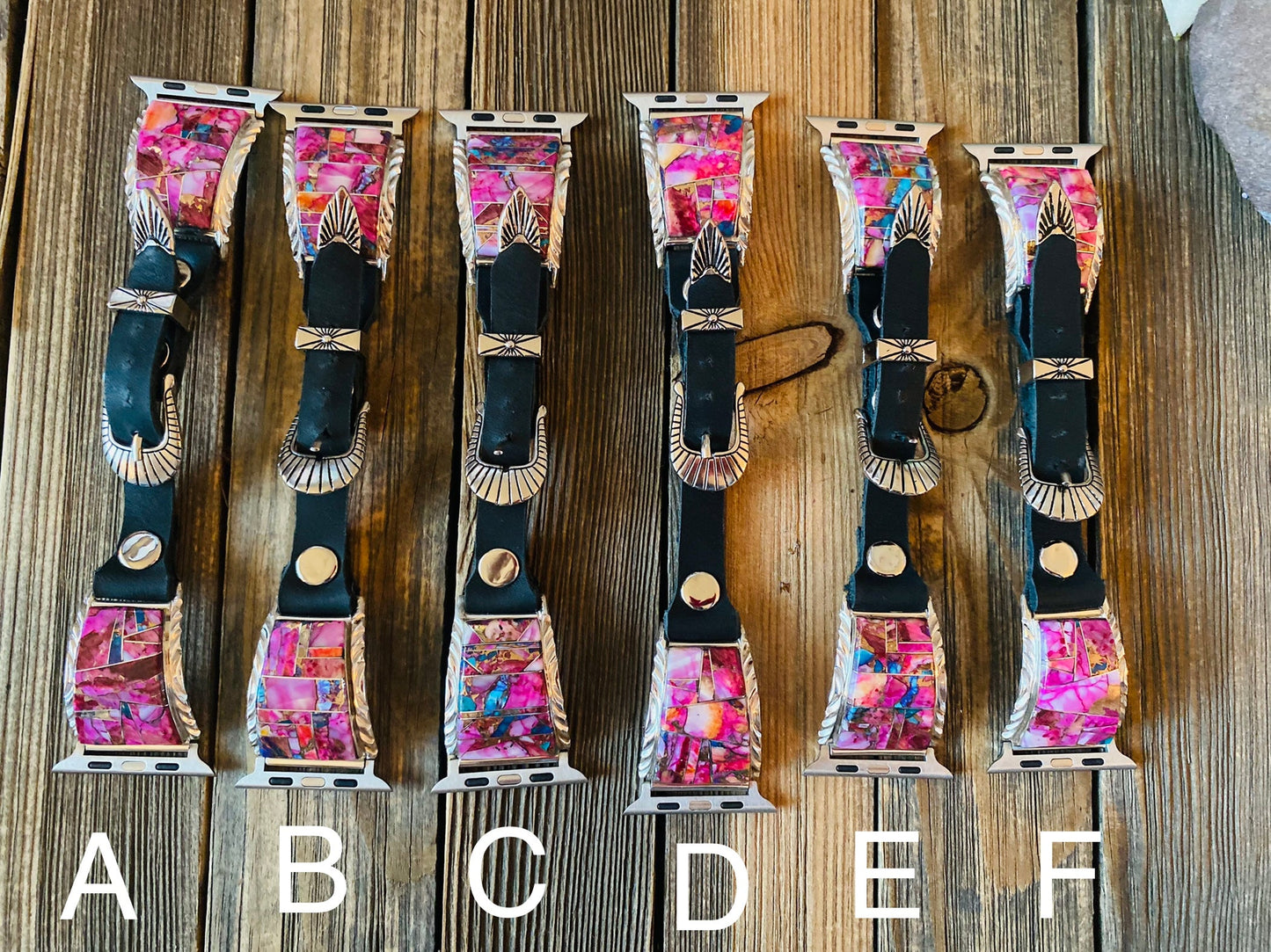 Handcrafted Pink Dream Mohave, Sterling Silver & Black Leather Smartphone Watch Band