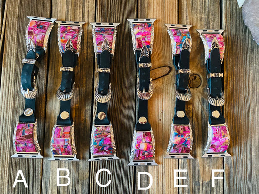 Handcrafted Pink Dream Mohave, Sterling Silver & Black Leather Smartphone Watch Band