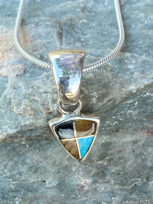 Handcrafted Turquoise, Onyx, Petrified Wood Triangle Pendant