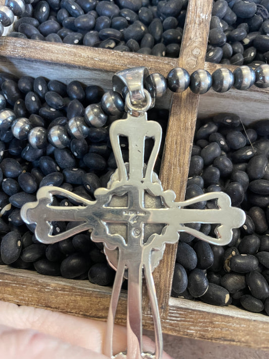 Handcrafted Multi Stone Inlay & Sterling Silver Cross Pendant Signed