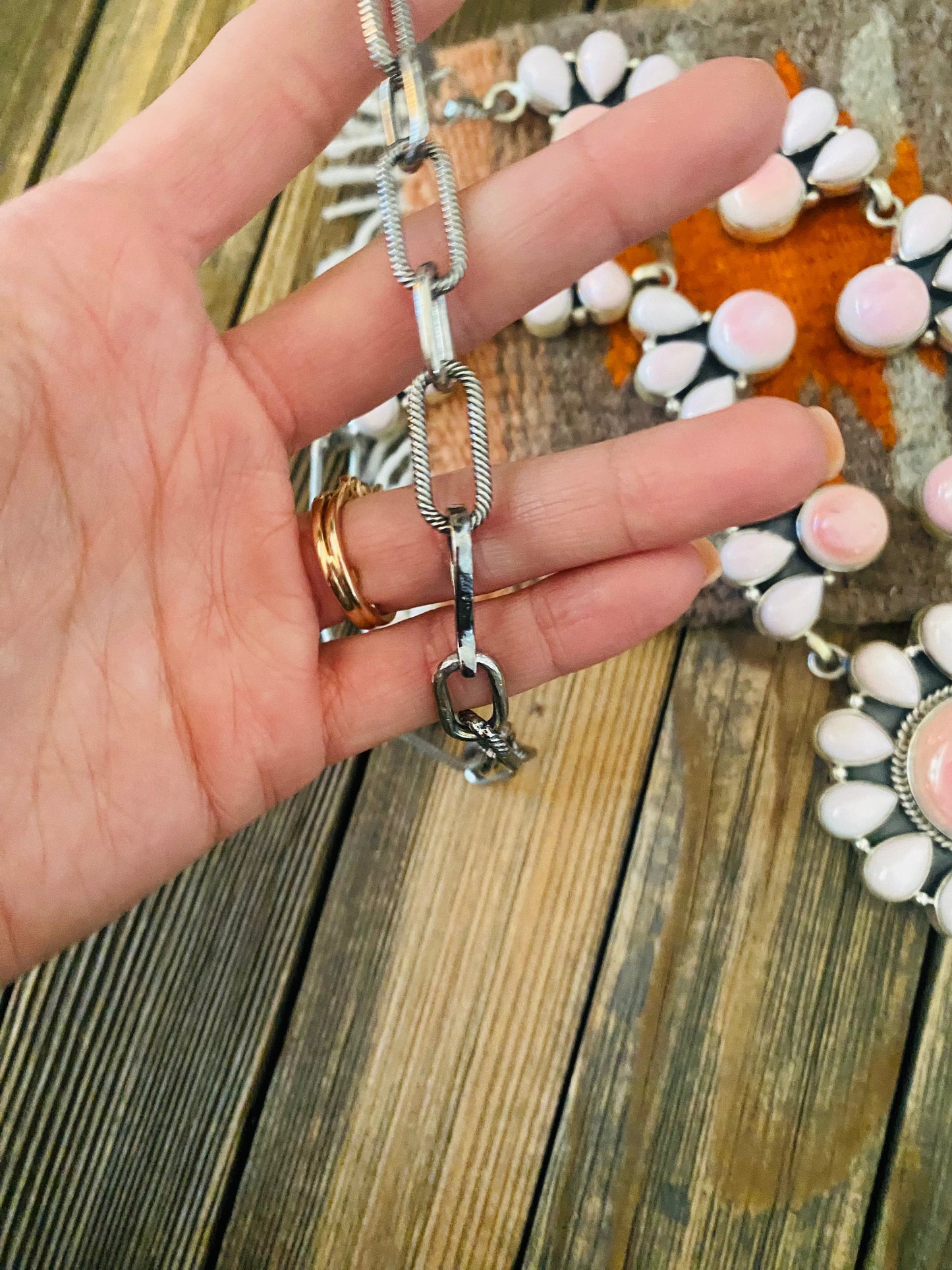 Handcrafted Queen Pink Conch Shell And Sterling Silver Cluster Necklace