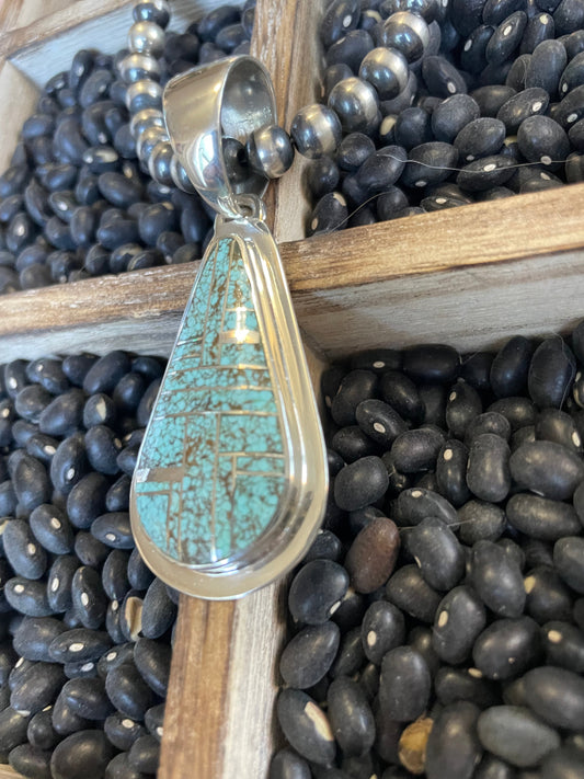 Handcrafted Number 8 Turquoise Inlay & Sterling Silver Pendant Signed