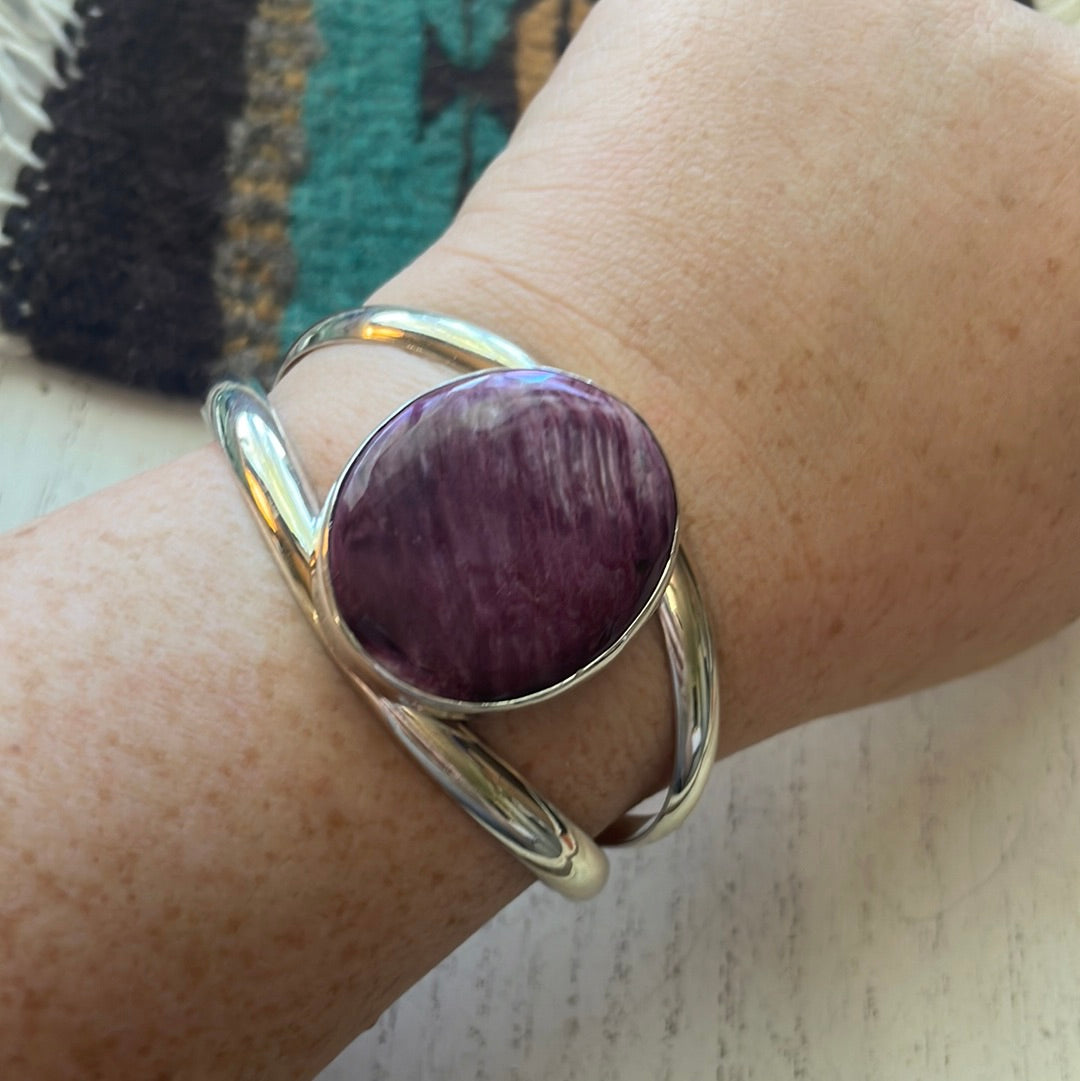 Handcrafted Sterling Silver & Purple Spiny Cuff Bracelet Signed