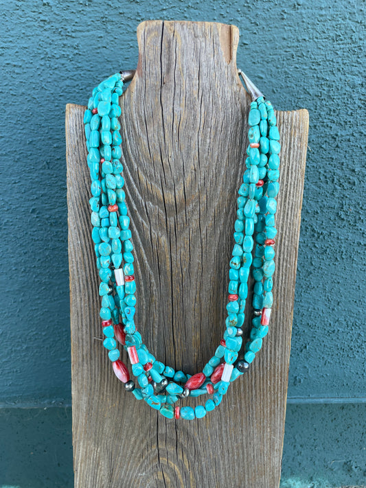Handcrafted Turquoise & Sterling Silver 5 Strand Beaded Necklace
