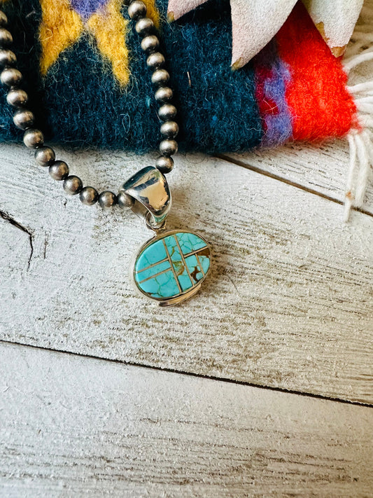Handcrafted Number 8 Turquoise & Sterling Silver Opal Inlay Pendant