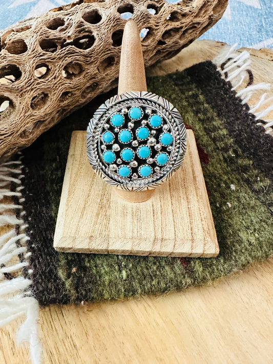 Handcrafted Sterling Silver & Turquoise Cluster Ring Signed