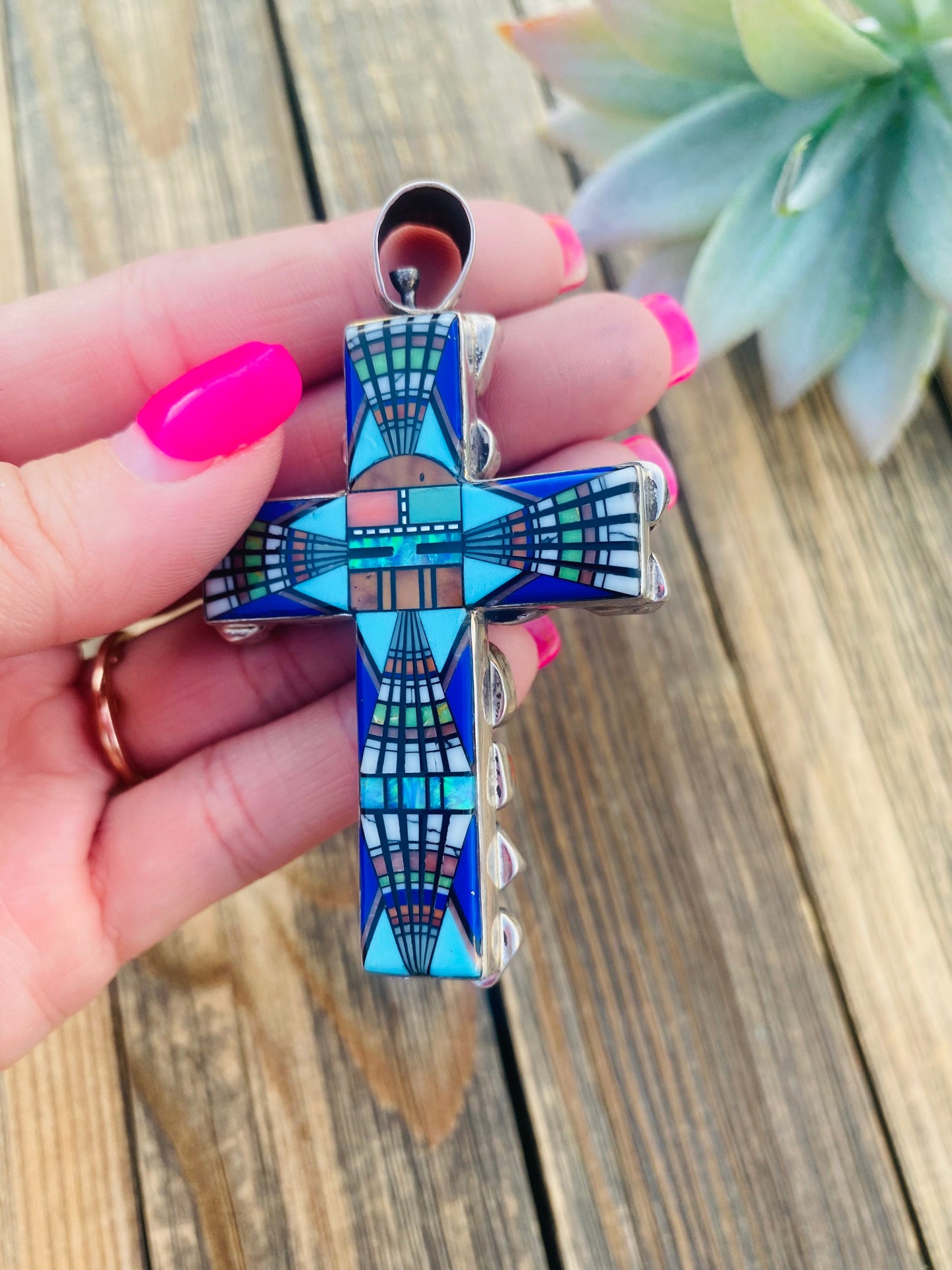 Handcrafted Multi Stone And Sterling Silver Two Sided Inlay Cross Pendant