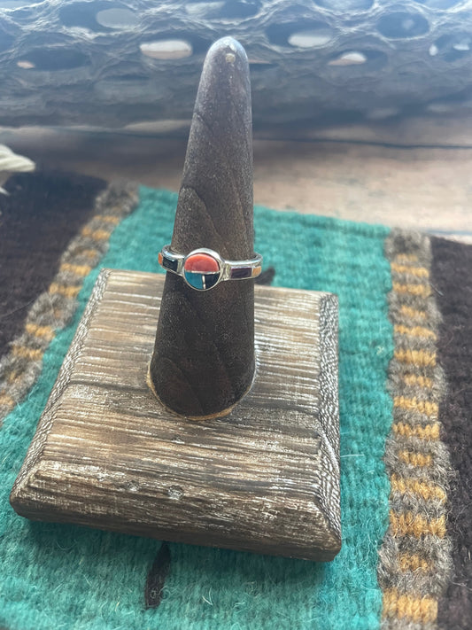 Handcrafted Sterling Silver & Multi Stone Inlay Ring Size 7.5