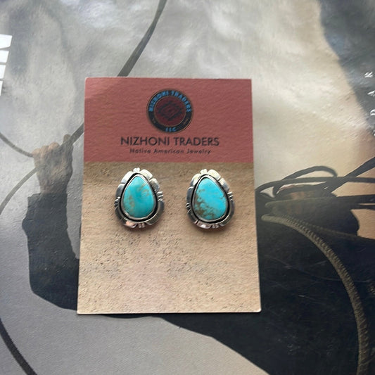 Handcrafted Turquoise And Sterling Silver Post Triangle Earrings Signed