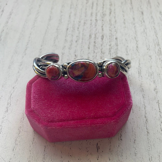 Handcrafted Pink Dream Mojave & Sterling Silver Cuff Bracelet Signed