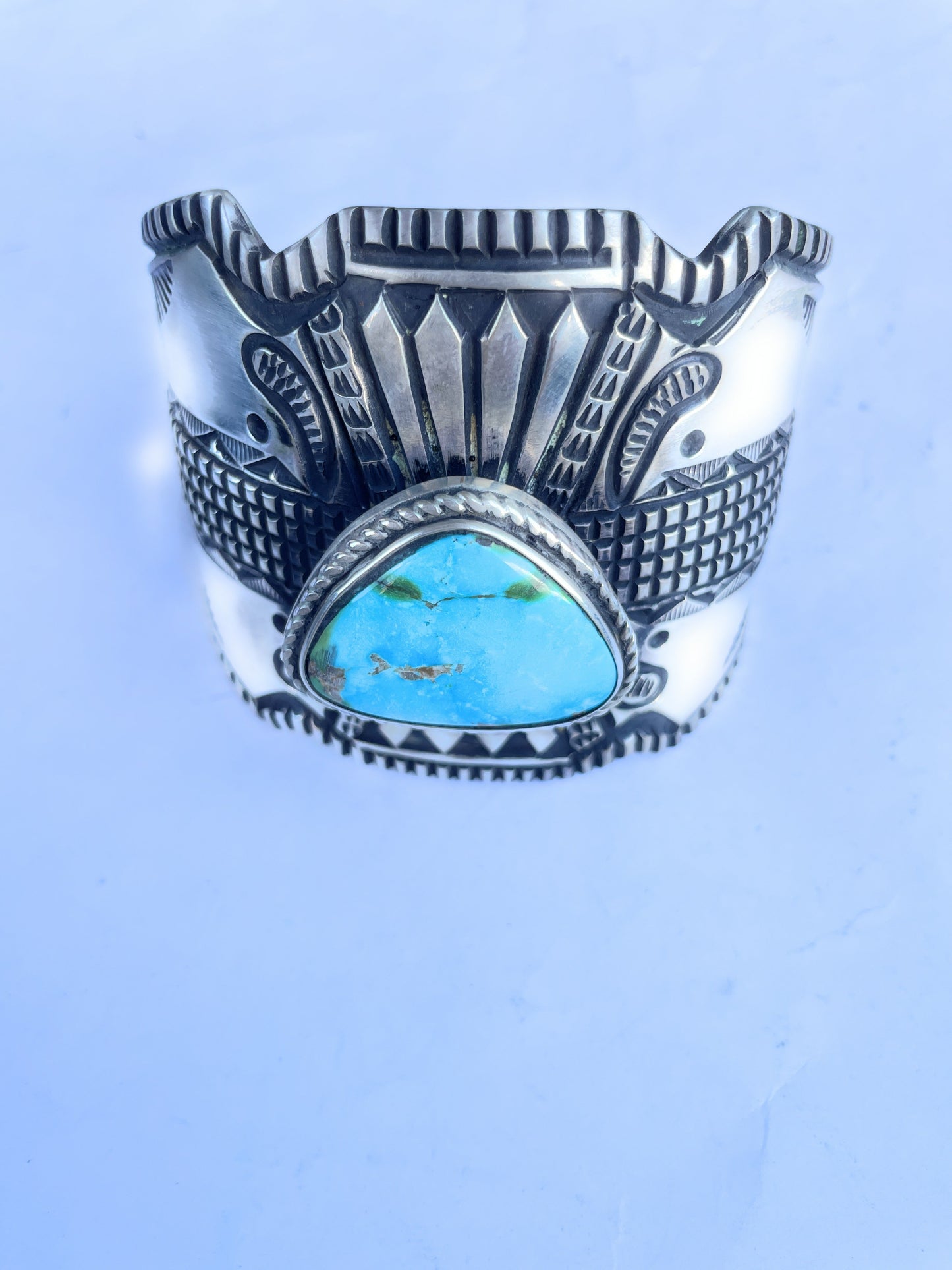Navajo Hand Stamped Turquoise And Sterling Silver Cuff Bracelet By Elvira Bill