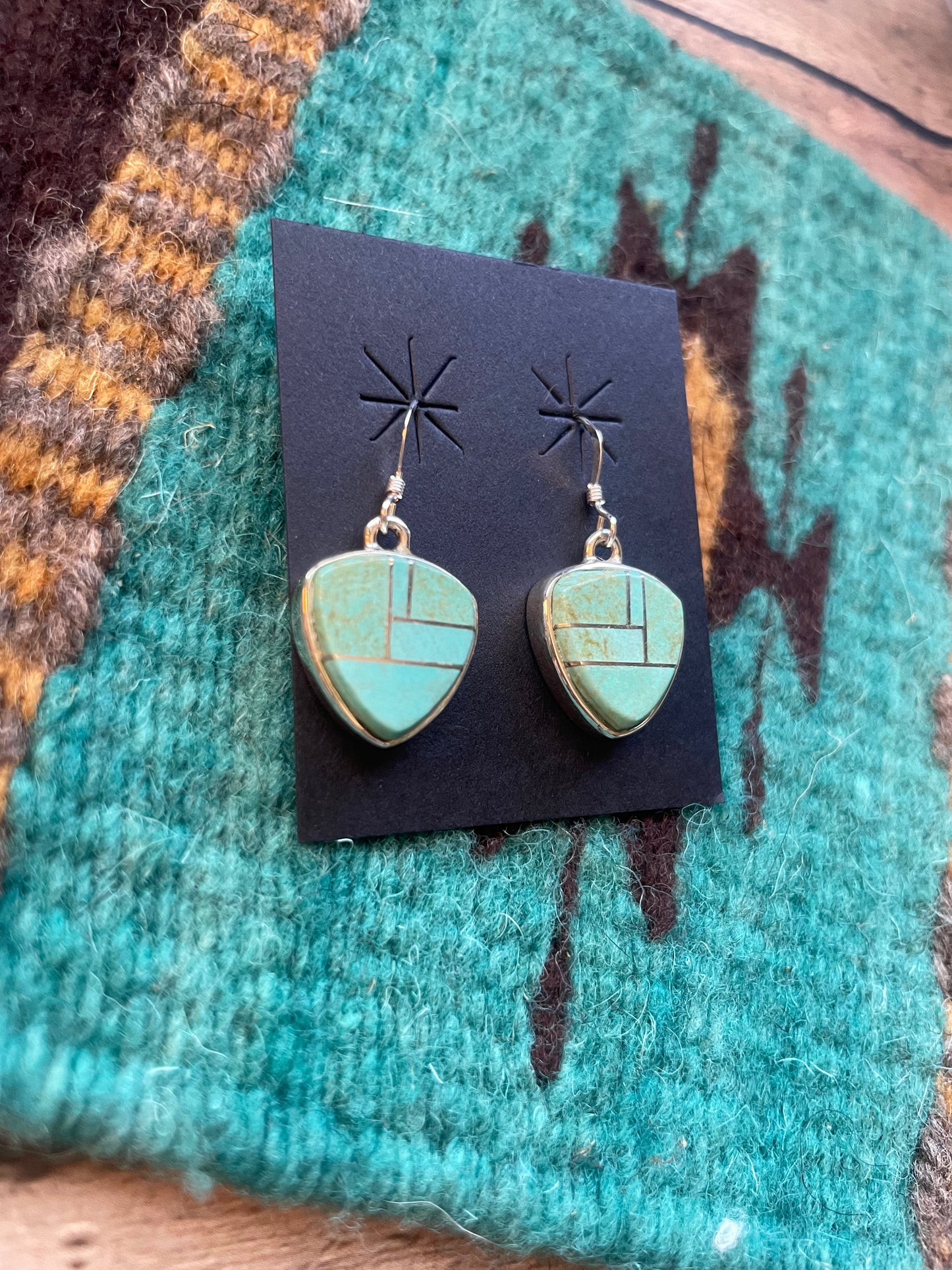 Handcrafted Number 8 Turquoise & Sterling Silver Inlay Dangle Earrings Signed
