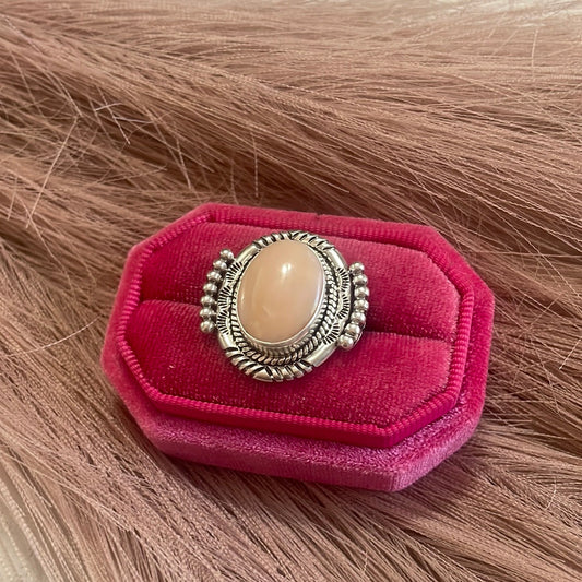 Gorgeous Handcrafted Pink Peruvian Opal And Sterling Silver Adjustable Ring