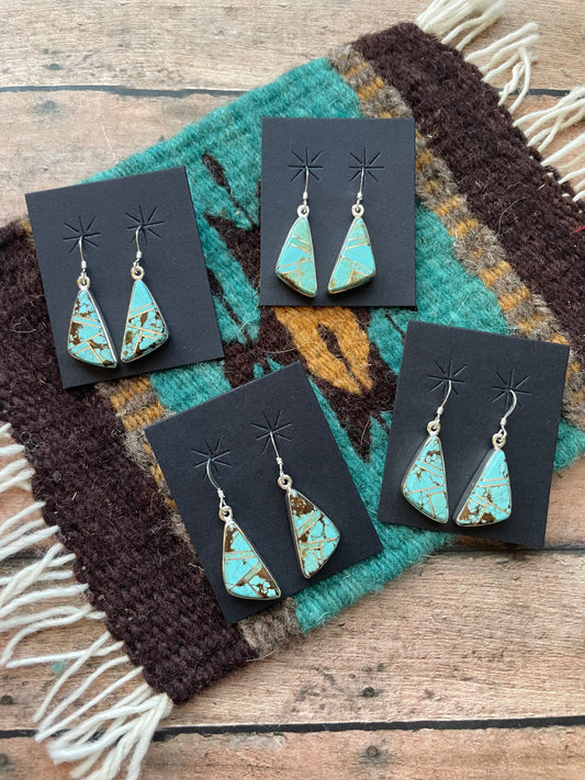 Handcrafted Number 8 Turquoise Inlay & Sterling Silver Dangle Earrings Signed