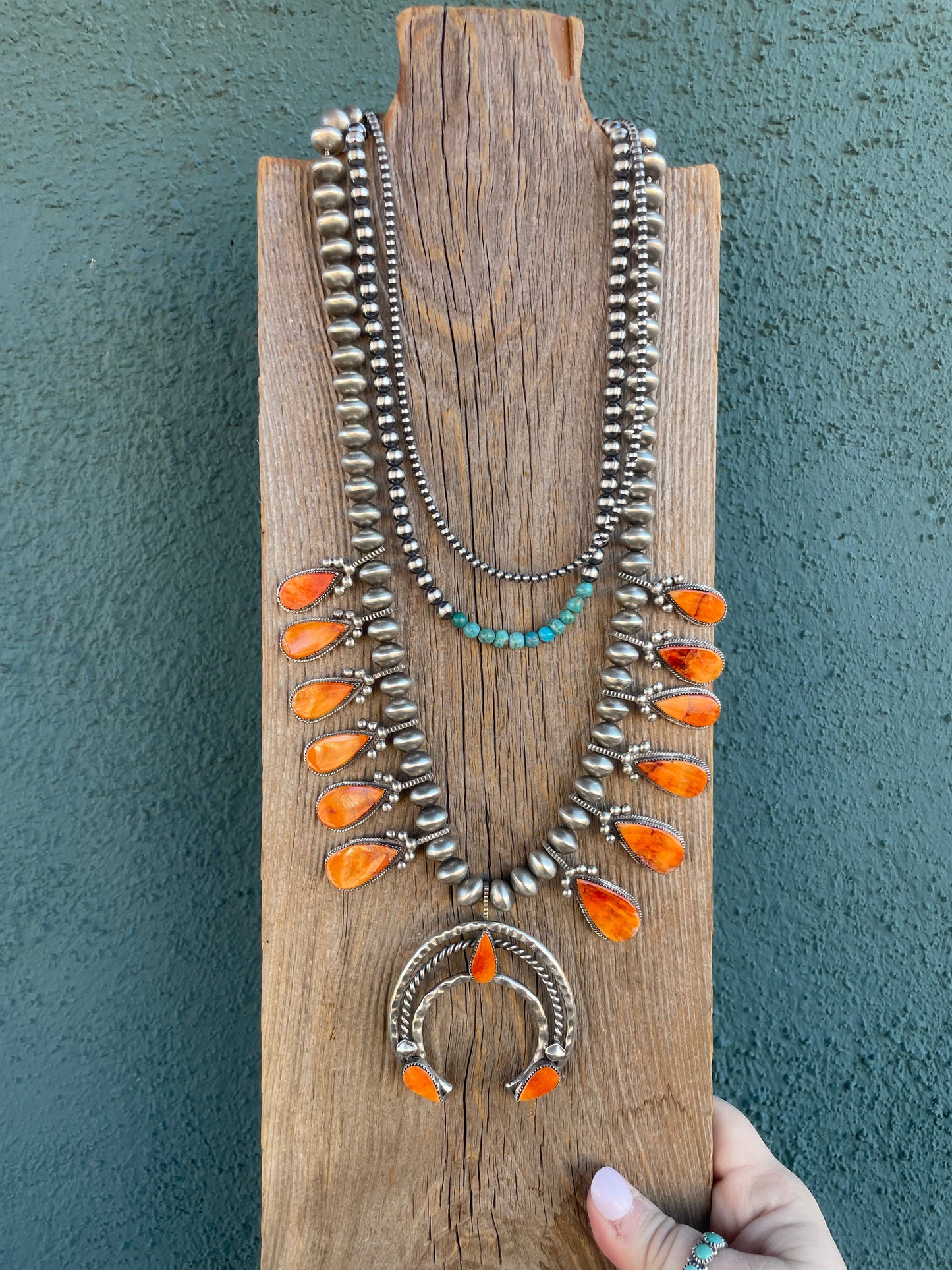 Handcrafted Orange Spiny And Sterling Silver Squash Blossom Necklace & Earrings Set By Selena Warner