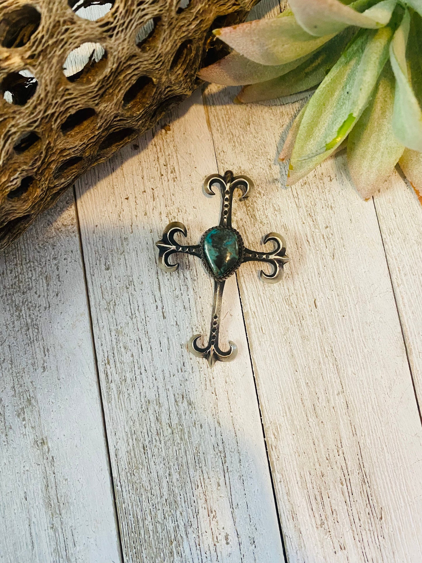 Navajo Sterling Silver & Royston Turquoise Cross Pendant By Martha Cayatineto