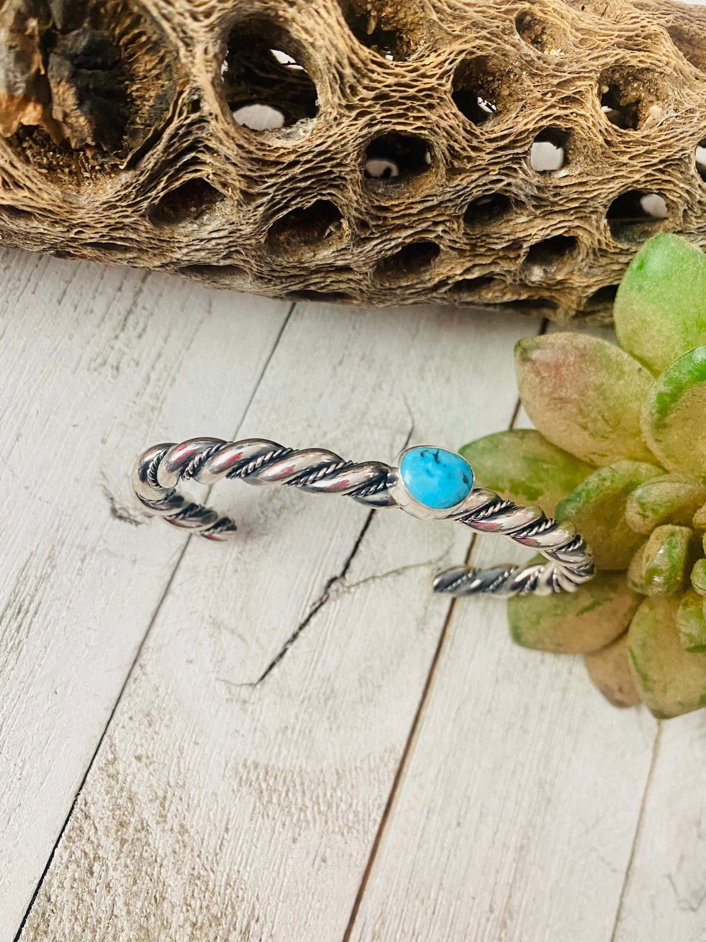 Handcrafted Twisted Sterling Silver & Kingman Turquoise Cuff Bracelet