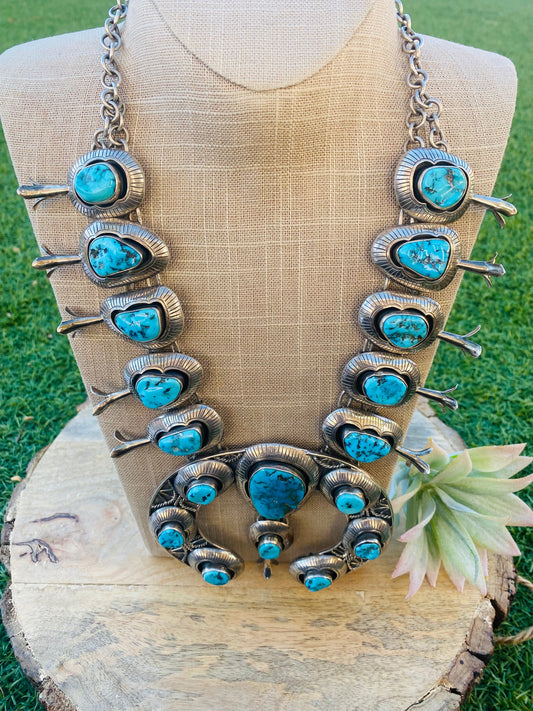 Handcrafted Vintage Kingman Turquoise & Sterling Silver Squash Blossom Necklace