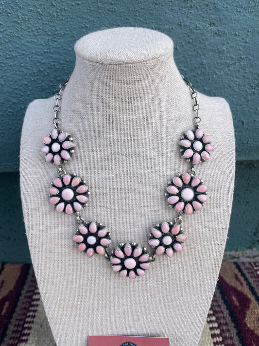 “The Delaney” Handcrafted Queen Pink Conch Shell And Sterling Silver Necklace Earrings Set Signed