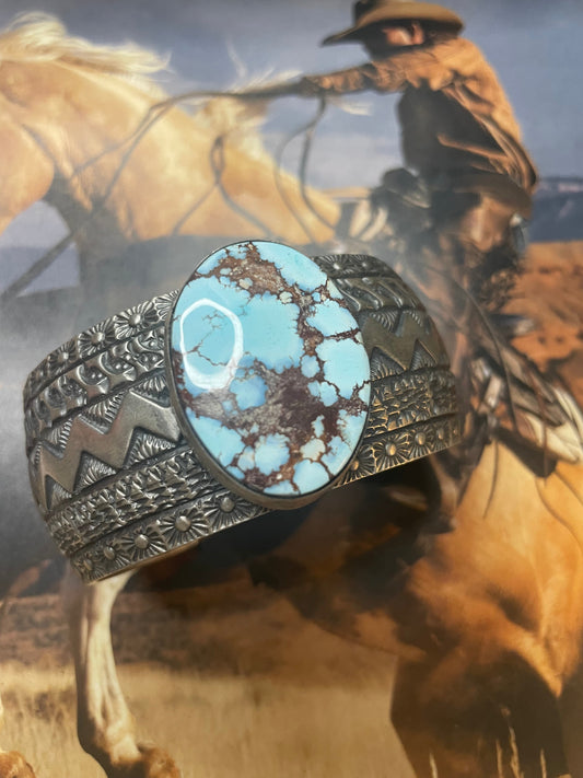 Handcrafted Golden Hills Turquoise Sterling Silver Cuff Bracelet Signed