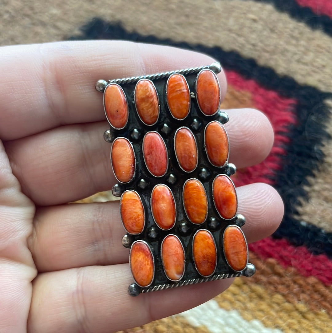 Handcrafted Sterling Silver & Orange Spiny Cluster Ring Size 8 Signed Jacquline Silver