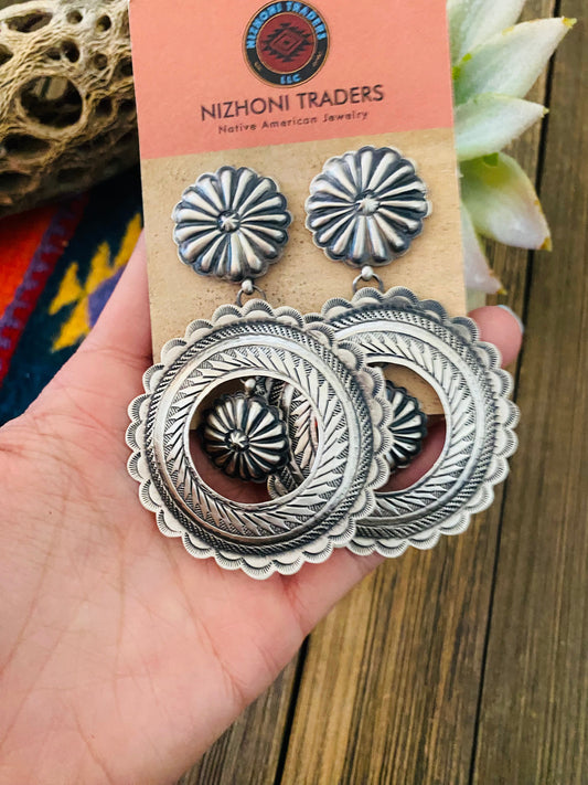 Navajo Hand Stamped Sterling Silver Concho Dangle Earrings