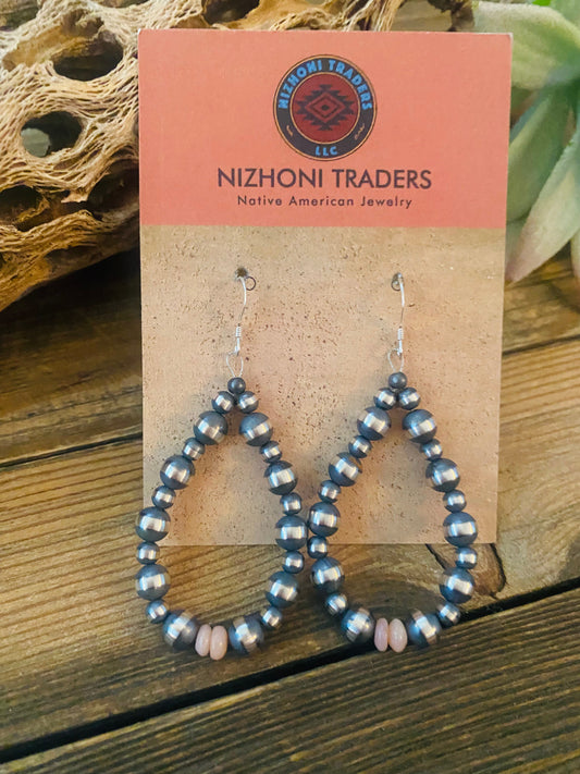 Handcrafted Sterling Silver Pearl & Pink Opal Dangle Hoop Earrings