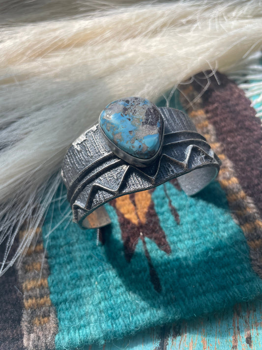 Handcrafted Golden Hills & Sterling Silver Tufa Cast Cuff Bracelet Signed