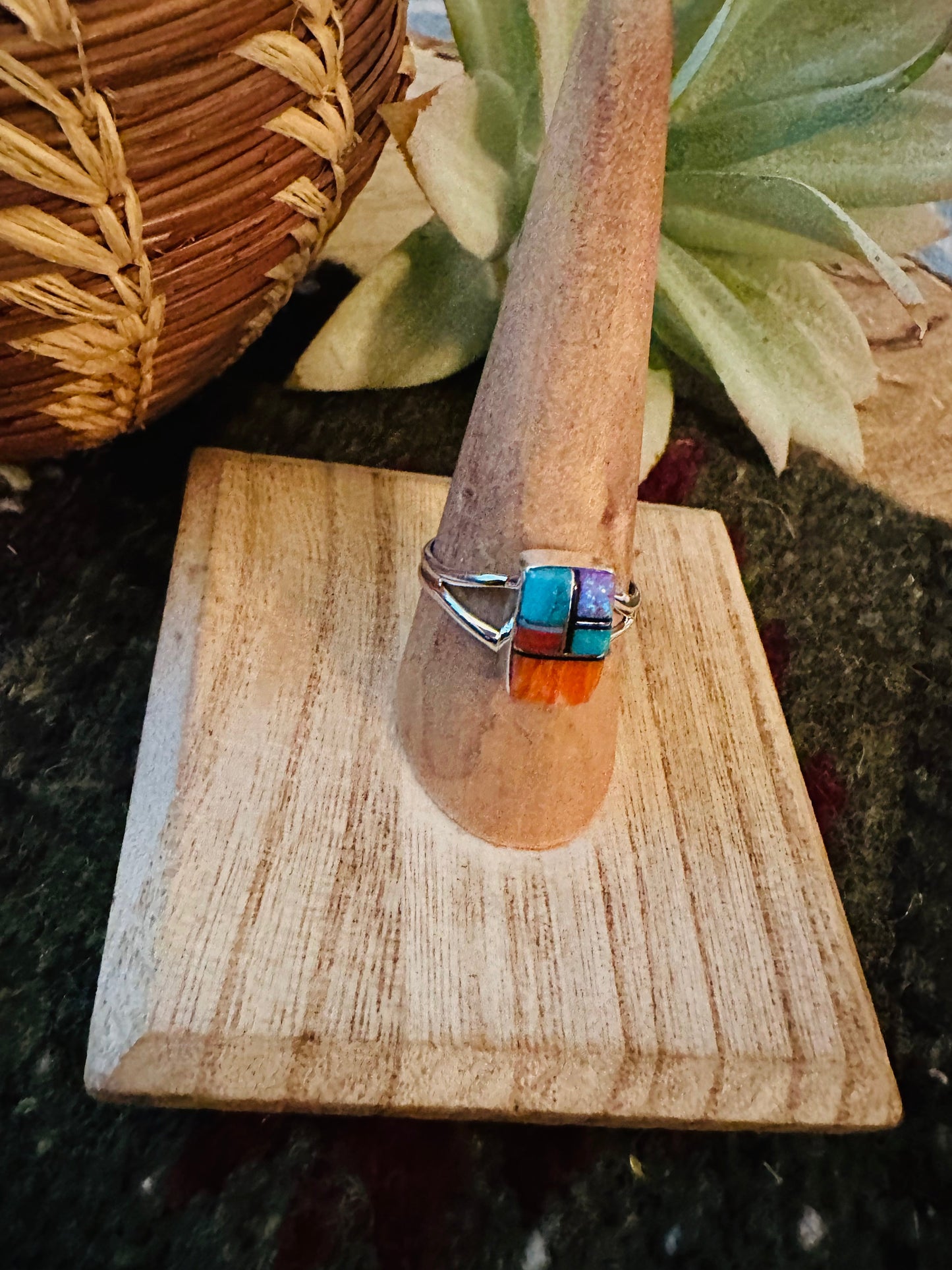 Handcrafted Sterling Silver & Multi Stone Inlay Ring Size 8.25
