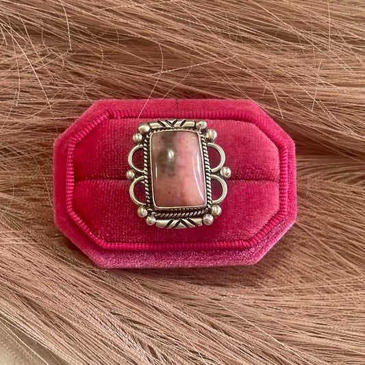 Gorgeous Handcrafted Pink Peruvian Opal And Sterling Silver Adjustable Ring