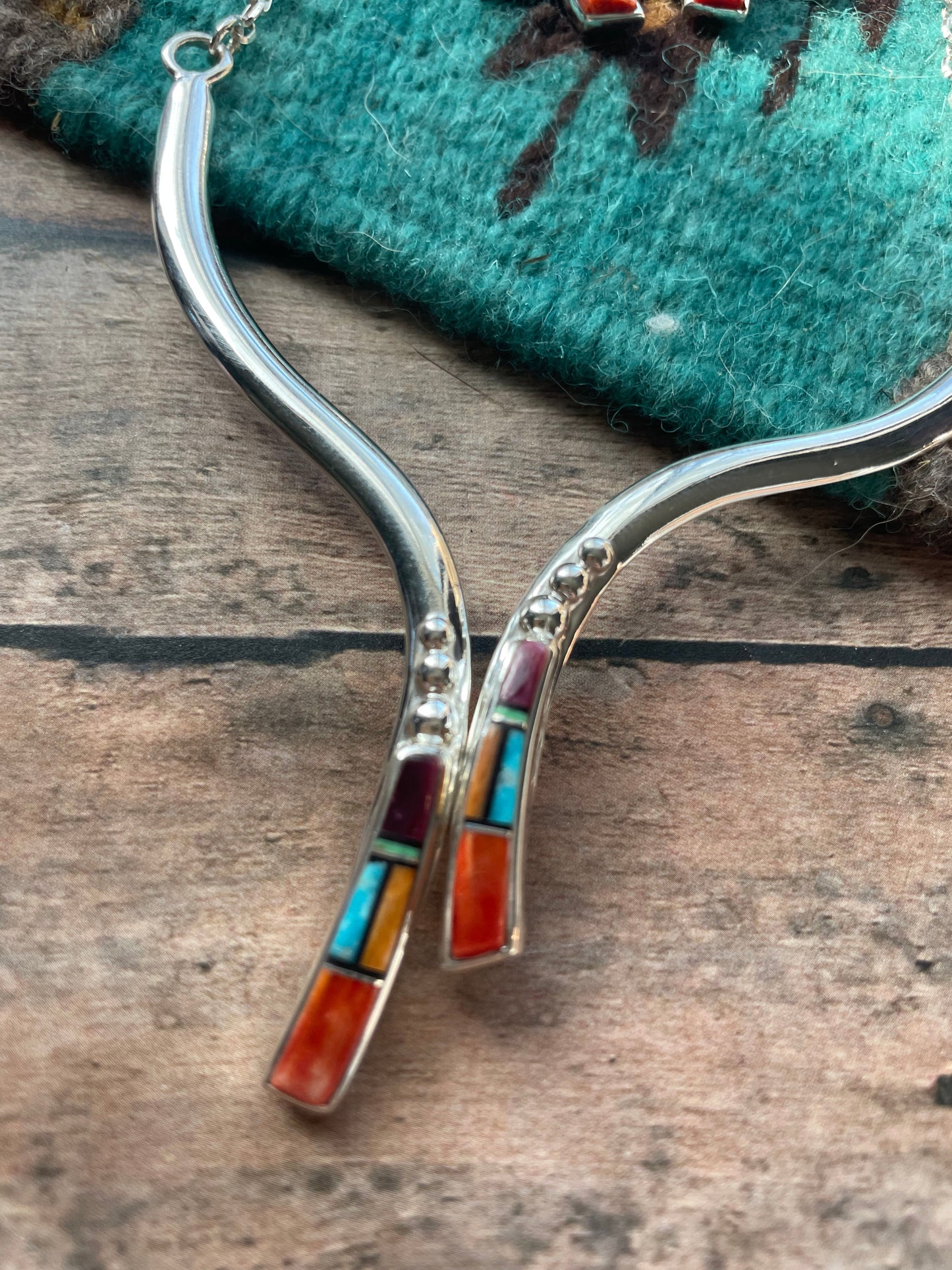 Navajo Sterling Silver & Multi Stone Inaly Necklace Earrings Set Signed