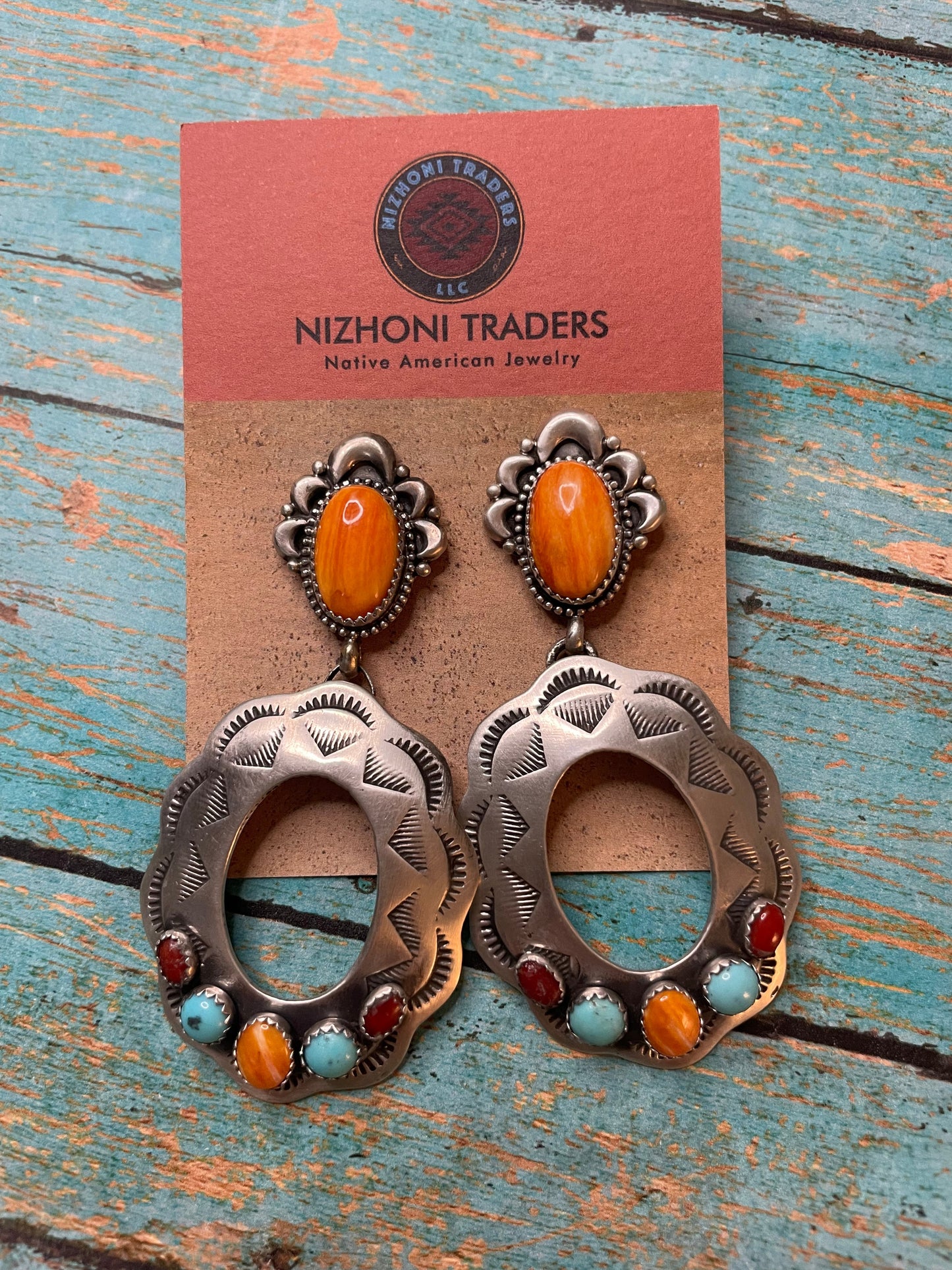 Navajo Sterling Silver Orange Spiny, Turquoise And Coral Concho Dangle Earrings